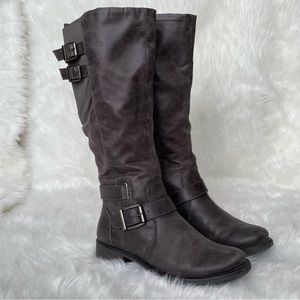 dark grey knee-high zip-up boots